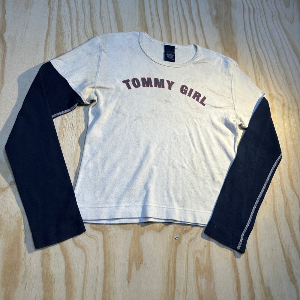 Tommy Girl Vintage Y2K Long Sleeve Graphic Tee White Navy XL Tommy Jeans
